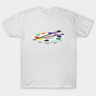 Round Artist Palette with Paints and Paint Brushes (White Background) T-Shirt